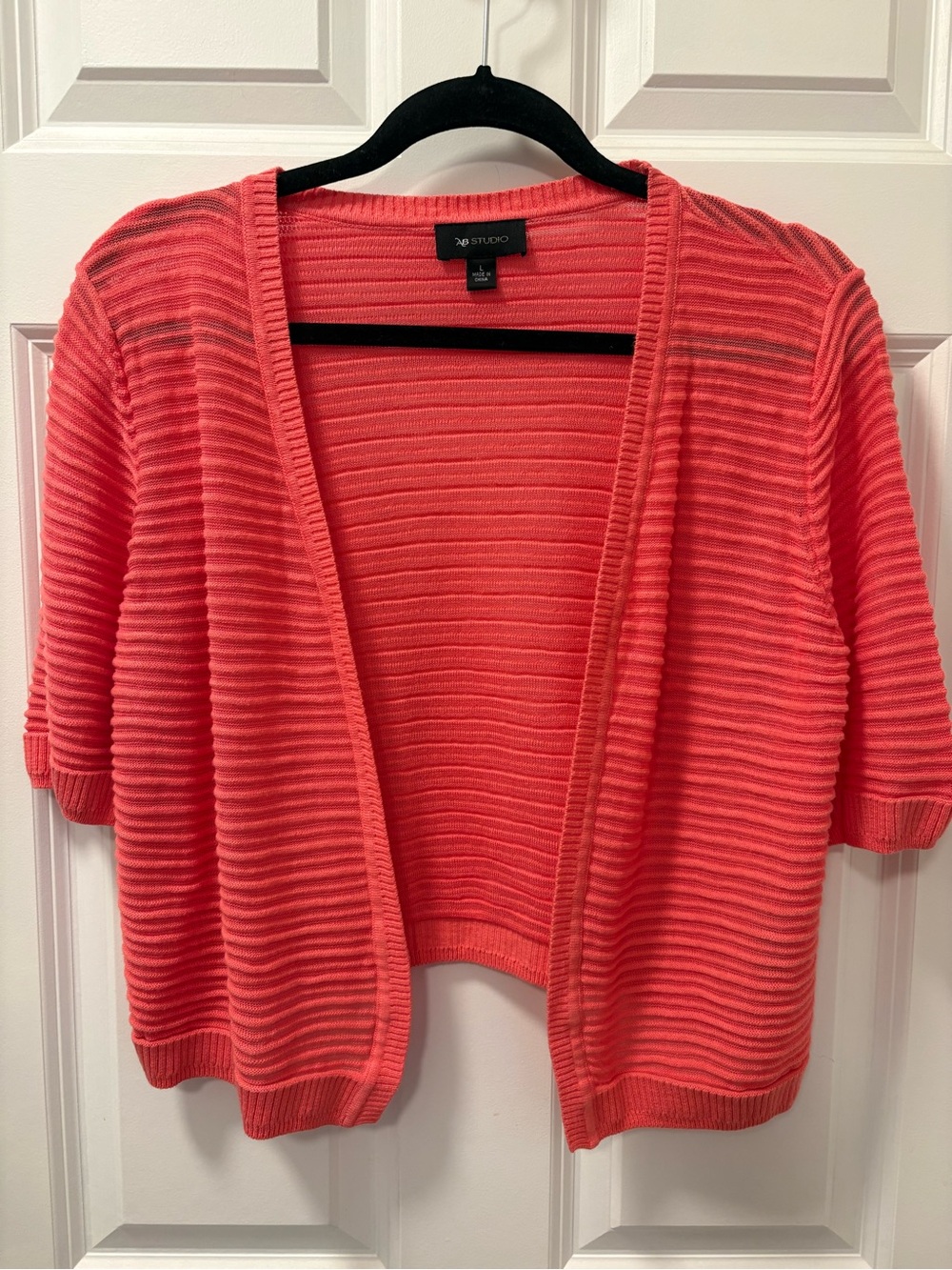 AB Studio Coral Open-Front Ribbed Short-Sleeve Cardigan